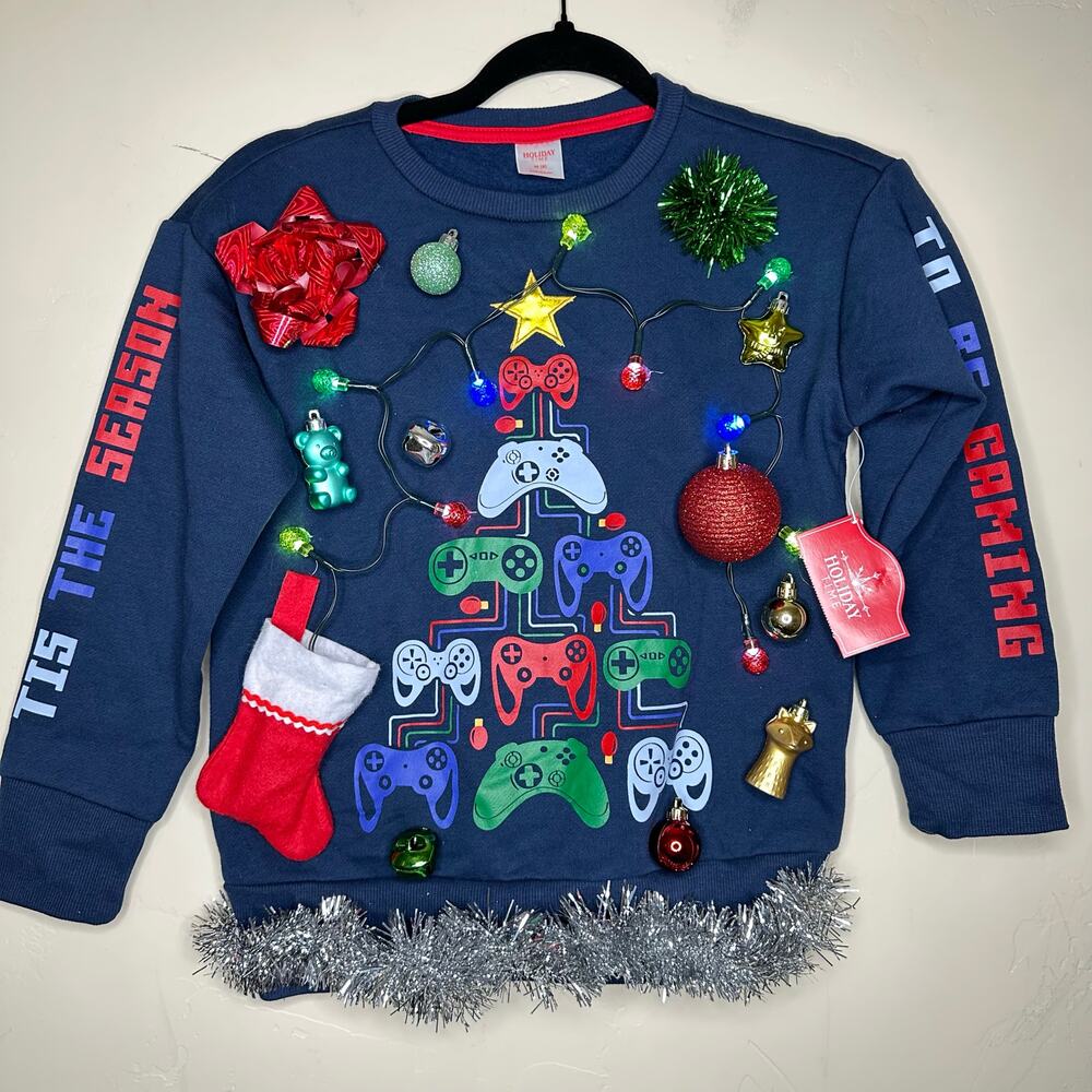 Ugly Christmas Sweater Gaming LIGHTS UP Tinsel Xmas Party Winner Kids Sz Medium